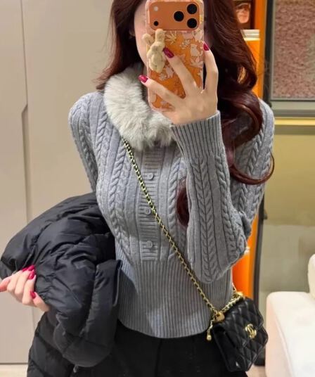 프랑스식 탈착식 모피 칼라 회색 풀오버 꽈배기 스웨터 여자 겨울 새로운 보온 느긋한 바람 니트 스웨터 맨위