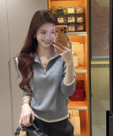 한 번 작은 짭짤한 한 부서 회색 패치워크 하프 지퍼 터틀넥 스웨터 여자 가을 겨울철 루즈핏 인사이드 가져 가라. 니트 스웨터 맨위
