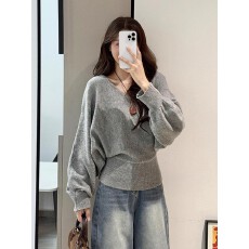 批发灰色v领宽松软糯收腰毛衣针织衫慵懒风高级感秋冬女2026新款上衣