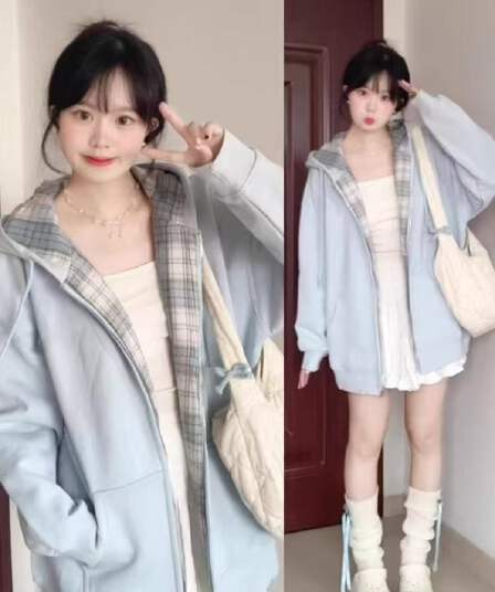 가을 겨울 새로운 체크무늬 패치워크 디자인 센스 후드 오픈 가디건 후드티 여성 한국 스타일 털이 있고 두꺼운 느긋한 루즈핏 재킷