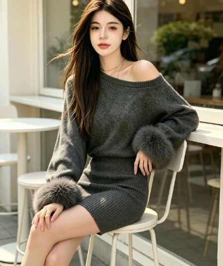 비스듬한 어깨 털 머리 소매 니트 타이트 스커트 슬림해 보이는 여성 드레스 패션 품격 오프숄더 2025 가을 겨울 디자인 센스