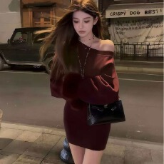 批发韩国chic 斜肩毛毛袖针织包臀显瘦女性连衣裙时尚气质露肩设计感
