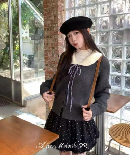 한국 스타일 연령 감소 홀로우 아웃 나비 매듭 니트 오픈 가디건 여성 의류 가을 겨울철 Chic chic 베이비 칼라 스웨터
