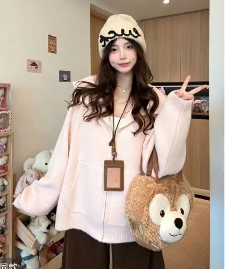 프랑스식 레트로 스타일 지퍼 후드 스웨터 여성 코트 가을 겨울 2026 새로운 플러스 두껍고 부드러운 찹쌀 니트 오픈 가디건 맨위