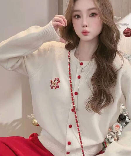 한 부서 레트로 작은 말 자수 색상 버클 라운드 넥 니트 오픈 가디건 여성 가을 겨울 루즈핏 느긋한 고급 센스 스웨터 코트