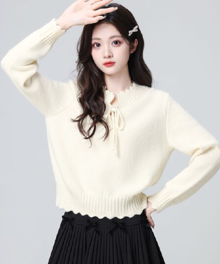 베이지 색 라운드 넥 스웨터 여자 봄 가을 2026 봄 새로운 레이스업 루즈핏 레이스 인사이드 가져 가라. 니트 스웨터 쇼트 스타일 맨위