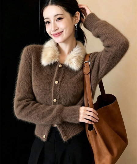 프랑스식 작은 샤넬 스타일 모피 칼라 스웨터 여자 겨울 니트 오픈 가디건 슈퍼 화재 연령 감소 맨위 플리스 쇼트 스타일 재킷