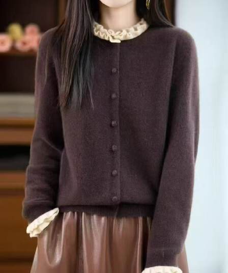 순양모 오픈 가디건 여성 프릴 라운드 넥 스웨터 배색 페이크 레이어드 재킷 스택 착용 니트 플러시 셔츠 외부 가져 가라.