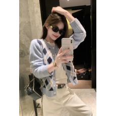 批发复古学院风菱格灰色毛衣开衫<b class='q'>外套</b>女韩系慵懒风百搭针织短上衣女