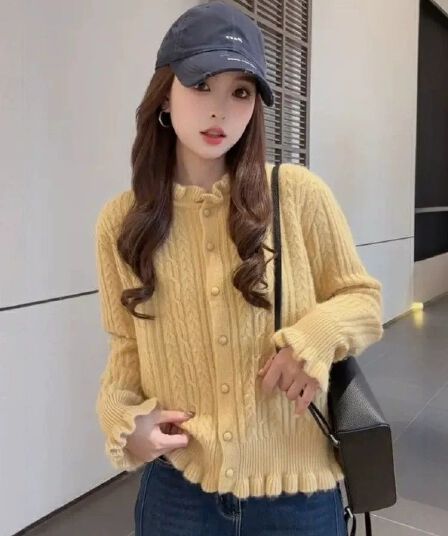 한국 스타일 봄 가을 새로운 레이스 꽈배기 라운드 넥 스웨터 여자 부드러운 찹쌀 작은 대중 슬림해 보이는 다용도 외출용 니트 오픈 가디건