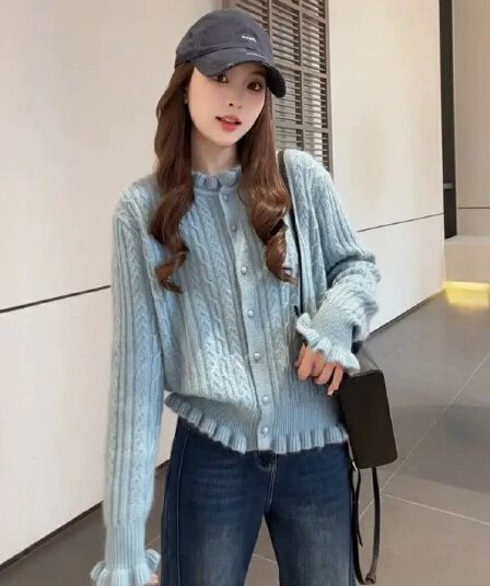 프랑스식 연령 감소 프릴 파란색 새로운 스웨터 니트 스웨터 여성 봄 가을 슬림해 보이는 루즈핏 꽈배기 만나는 맨위