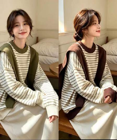 2026 가을 겨울철 새로운 한국 스타일 숄 레이스업 스트라이프 루즈핏 만나는 긴팔 털 니트 스웨터 티셔츠 맨위 여성