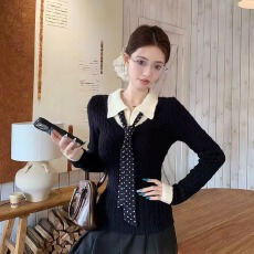 批发Polo领设计感拼接假两件针织衫女秋冬季衣内搭修身短款长袖小上衣