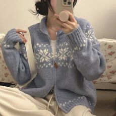 批发chic韩国秋冬复古提花甜美宽松百搭双头拉链长袖针织毛衣外套女