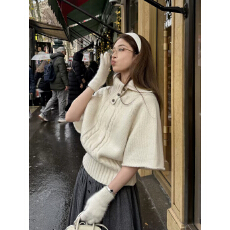 批发韩系翻领高领短袖针织毛衣女2026早秋内搭慵懒风<b class='q'>中袖</b>斗篷<b class='q'>上衣</b>