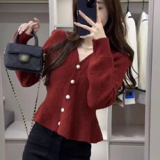 批发法式荷叶边下摆<b class='q'>泡泡袖</b>针织衫女秋季V领收腰显瘦百搭时尚气质毛衣