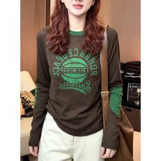 批发潮牌撞色贴布绣字母印花长袖<b class='q'>T</b><b class='q'>恤</b>女2026早秋新款舒适百搭显瘦上衣