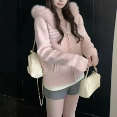 批发费尔岛连帽毛领拉链毛衣外套女士秋冬季加厚<b class='q'>短款</b>针织<b class='q'>卫衣</b>开衫上衣