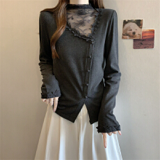 批发实拍秋冬胖MM新款高级设计感蕾丝拼接半高领气质修身绒质内搭上衣