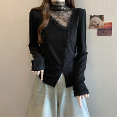 批发实拍秋冬胖MM新款高级设计感蕾丝拼接半高领气质修身绒质内搭上衣