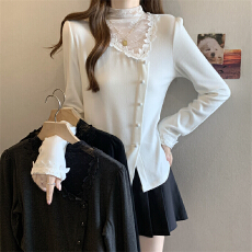 批发实拍秋冬胖MM新款高级设计感蕾丝拼接半高领气质修身绒质内搭上衣