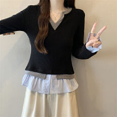 批发实拍秋冬胖MM新款韩版甜酷别致撞色假两件宽松百搭休闲叠穿打底衫