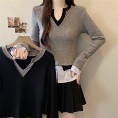 批发实拍秋冬胖MM新款韩版甜酷别致撞色假两件宽松百搭休闲叠穿打底衫