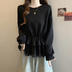 批发实拍春季胖MM新款蕾丝花边拼接宽松收腰休闲百搭卫衣娃娃衫假两件