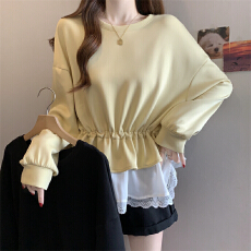 批发实拍春季胖MM新款蕾丝花边拼接宽松收腰休闲百搭卫衣娃娃衫假两件