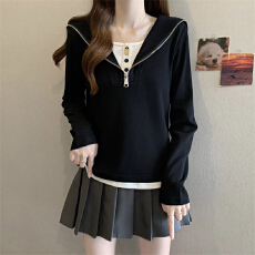 批发实拍胖MM春秋新款半拉链海军领拼色假两件洋气显瘦宽松休闲上衣潮