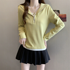 批发实拍胖MM春秋新款半拉链海军领拼色假两件洋气显瘦宽松休闲上衣潮