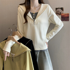 批发实拍胖MM春秋新款半拉链海军领拼色假两件洋气显瘦宽松休闲上衣潮