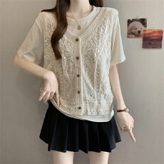 批发实拍夏季胖MM新款<b class='q'>韩版</b>时尚镂空刺绣重工钉珠马甲+简约宽松T恤上衣