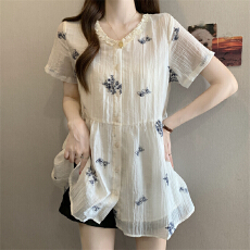 批发实拍夏季胖MM新款<b class='q'>韩版</b>刺绣小碎花宽松遮肉洋气减龄百搭<b class='q'>娃娃衫</b>衬衣