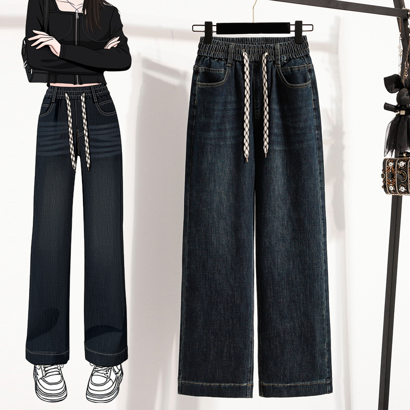 RY1971# 实拍春新款大码牛仔裤女窄版阔腿裤胖mm裤子宽松直筒高腰松紧腰