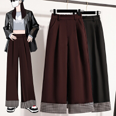 批发实拍2026春新款大码弹力直筒格子<b class='q'>西装</b>阔腿女裤胖MM垂坠感长裤