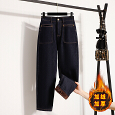 批发实拍冬款<b class='q'>大码</b>宽松加绒加厚哈伦宽松弹力牛仔裤胖MM显瘦老爹裤