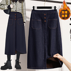 批发实拍<b class='q'>冬</b>新款加绒加厚大码松紧腰弹力牛仔中长款裙胖MM打底半身裙