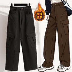 批发实拍<b class='q'>冬</b>新款大码直筒加绒加厚工装裤胖MM显瘦休闲保暖女长裤