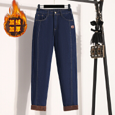 批发实拍冬新款大码高腰宽松加绒加厚牛仔老爹裤欧版弹力休闲显瘦女裤