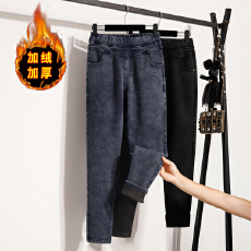 批发实拍<b class='q'>冬</b>款大码高腰弹力仿牛仔加绒加厚女长裤外穿胖MM200斤保暖裤