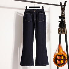 批发<b class='q'>实拍</b>冬款大码松紧腰微喇保暖弹力牛仔<b class='q'>裤</b>前MM高腰加绒加厚女长<b class='q'>裤</b>