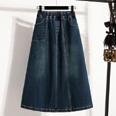 批发实拍2026春新款大码松紧腰宽松中长款牛仔裙胖MM遮肚时尚半身裙