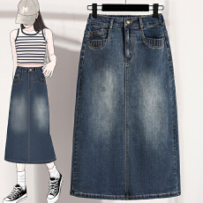批发实拍春<b class='q'>夏</b>新款大码弹力韩版半身A字牛仔裙胖MM休闲松紧腰中长款裙