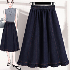 批发实拍夏春新款<b class='q'>大码</b>松紧腰花蕾边牛仔半身裙胖MM显瘦遮肚时尚<b class='q'>女裙</b>