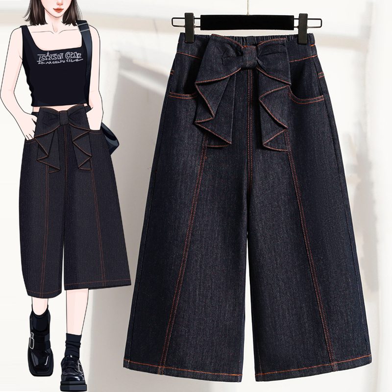 RY1957# 实拍夏新款薄款大码宽松阔分七分牛仔裤胖MM高腰松紧腰显瘦女中裤