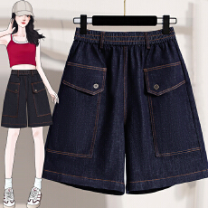 批发实拍夏新款<b class='q'>大码</b>女装宽松阔腿五分牛仔<b class='q'>女裤</b>胖MM高腰韩版<b class='q'>女裤</b>