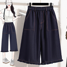 批发实拍夏新款大码<b class='q'>松紧</b>腰宽松直筒七分<b class='q'>牛仔裤</b>胖MM天丝高腰韩版中裤