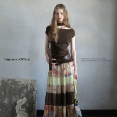 批发芍药居UNSOYAO“巴比松画派”艺术系超大摆拼色半身裙+针织上衣女