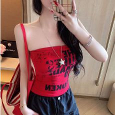 批发-美式复古字母辣妹抹胸背心女<b class='q'>夏</b>季短款显瘦带胸垫外穿上衣